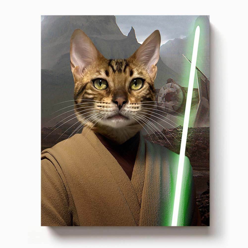 Tabby cat dressed as a Jedi with a glowing green lightsaber in a sci-fi desert setting

