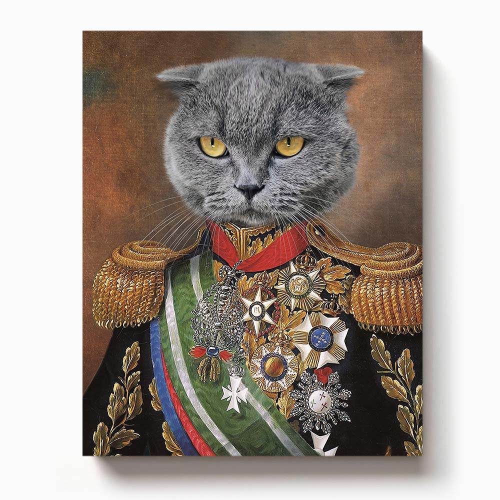 Grey cat dressed as a decorated military general in a highly detailed uniform with medals and epaulettes

