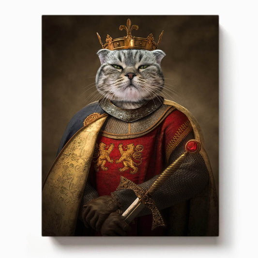 Regal gray tabby cat dressed as a medieval king wearing a crown, royal cape, and holding a jeweled sword