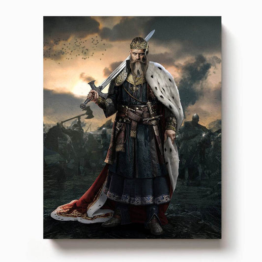 Fierce bearded king in ornate medieval armor and royal cloak wielding a sword on a smoky battlefield at dusk

