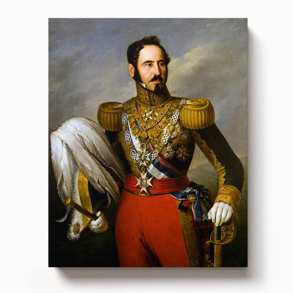 Classic portrait of a decorated military officer in gold regalia with red trousers and a white feathered plume

