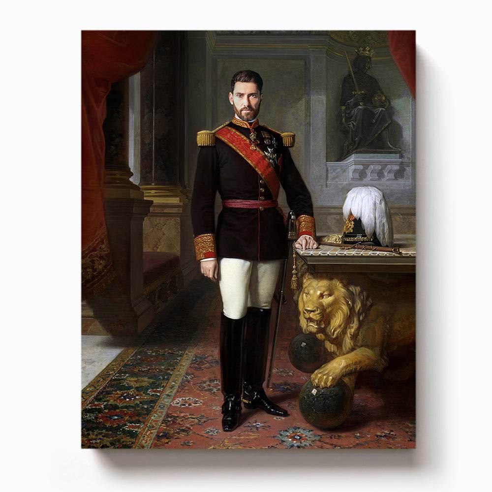 Man in royal military uniform standing next to ornate table with lion statue and feathered helmet

