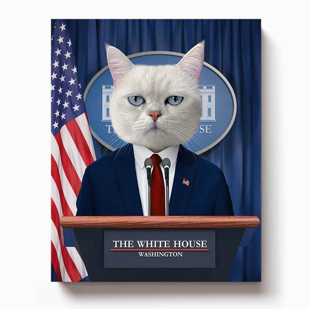 Serious white cat dressed as a US president standing at the White House press briefing podium with American flags in the background

