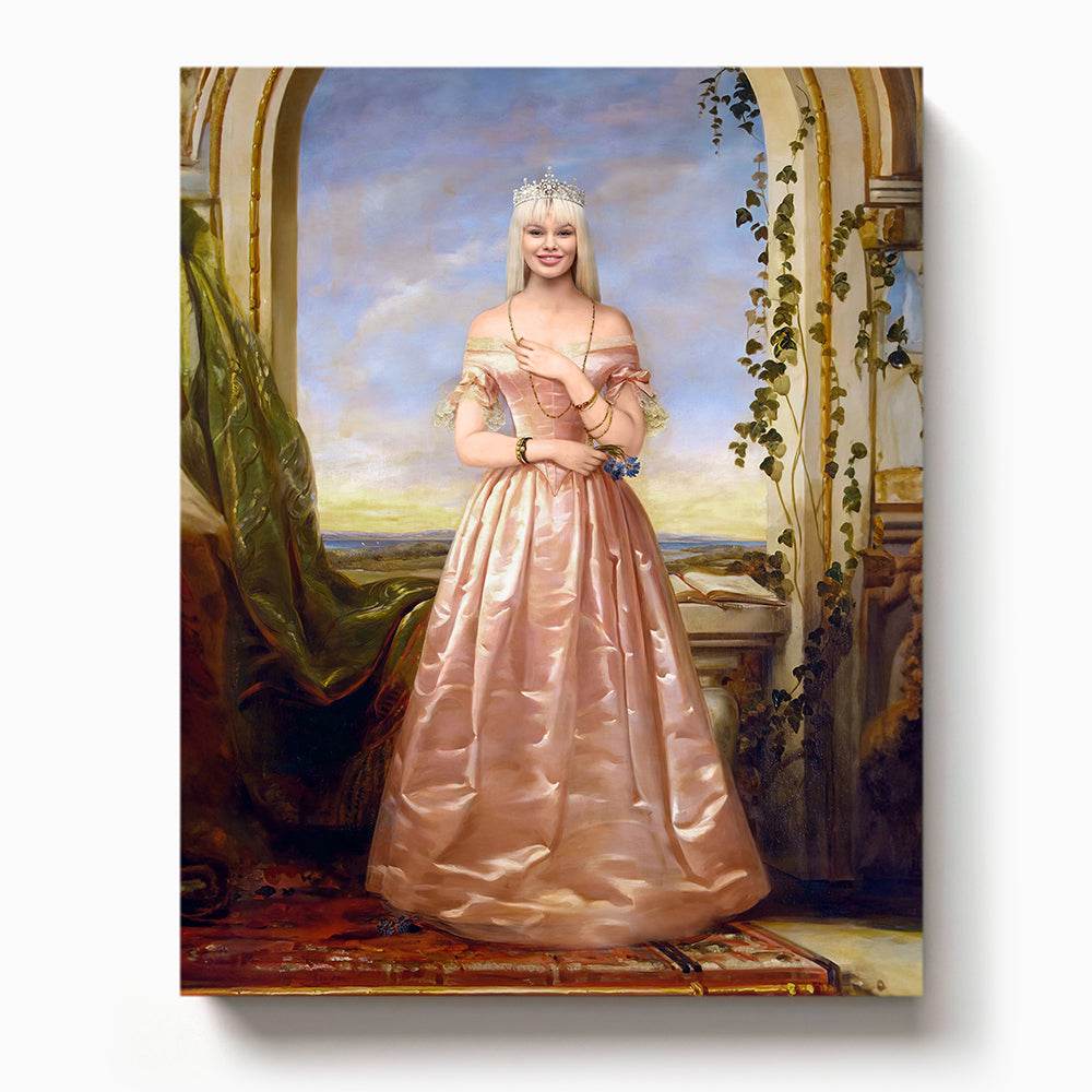 Smiling princess in a soft pink gown and jeweled tiara standing in a classical garden archway with a scenic background

