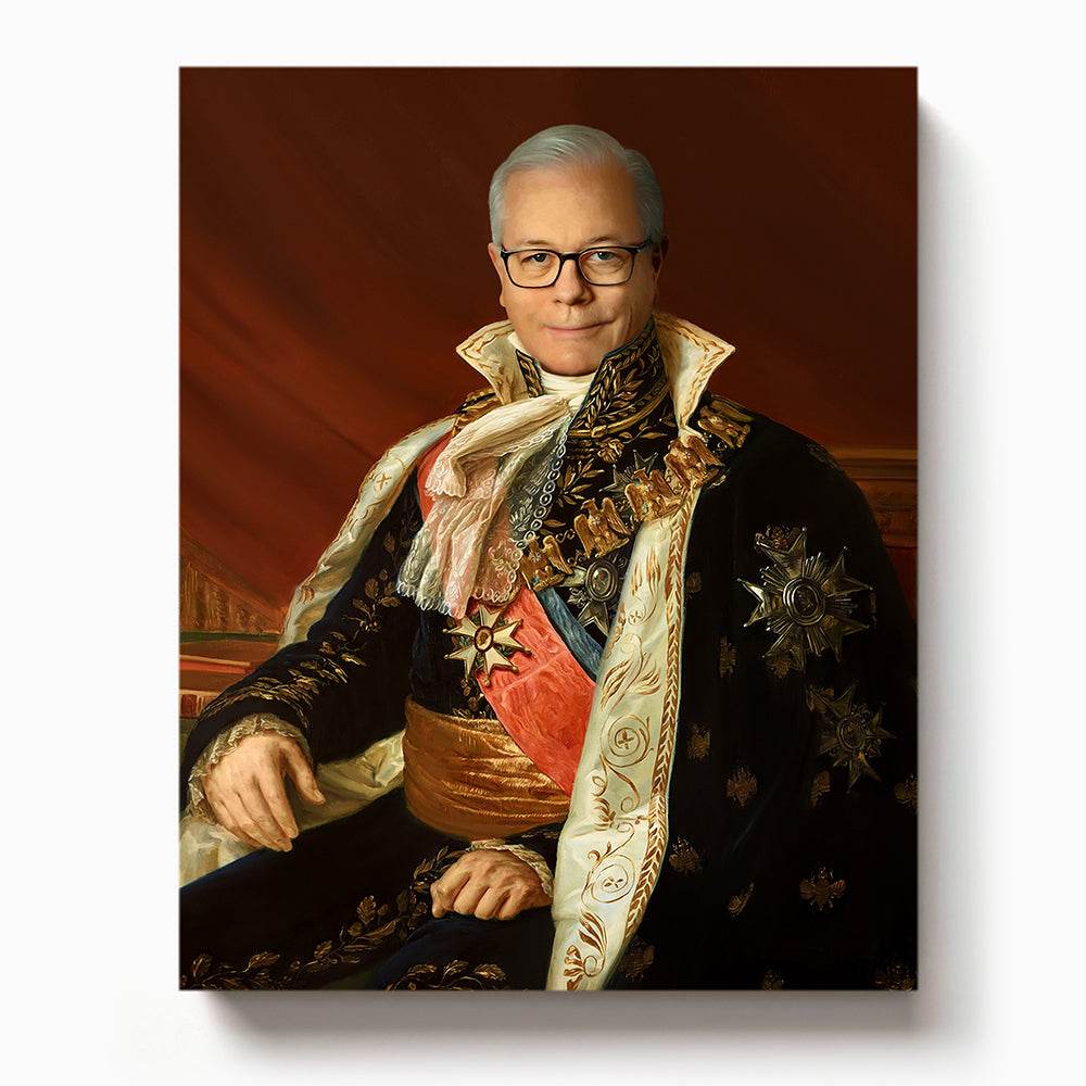 Custom portrait of an older man with glasses in aristocratic attire adorned with medals and embroidered cloak

