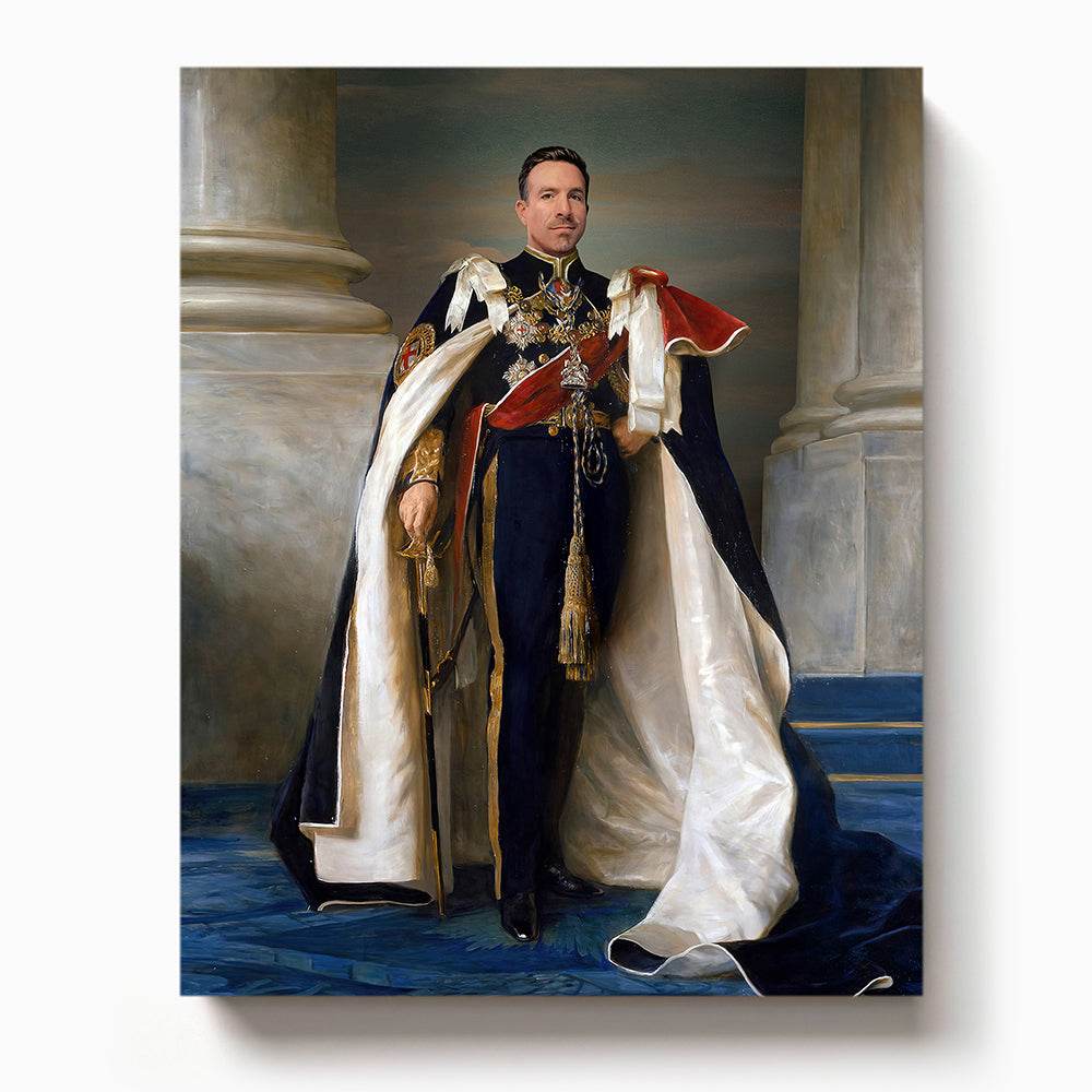 Custom portrait of a man in full royal regalia with navy and gold military attire and a luxurious cape