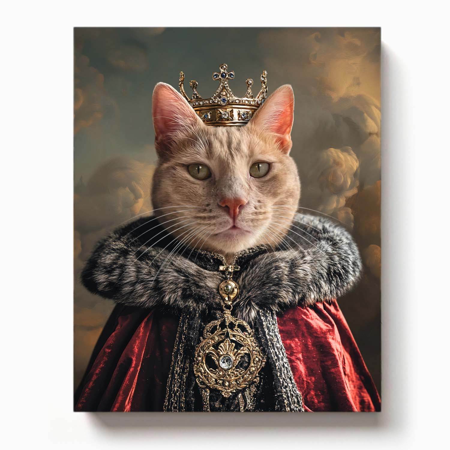 Tabby cat wearing a royal crown and luxurious fur-trimmed red cloak in a majestic pet portrait