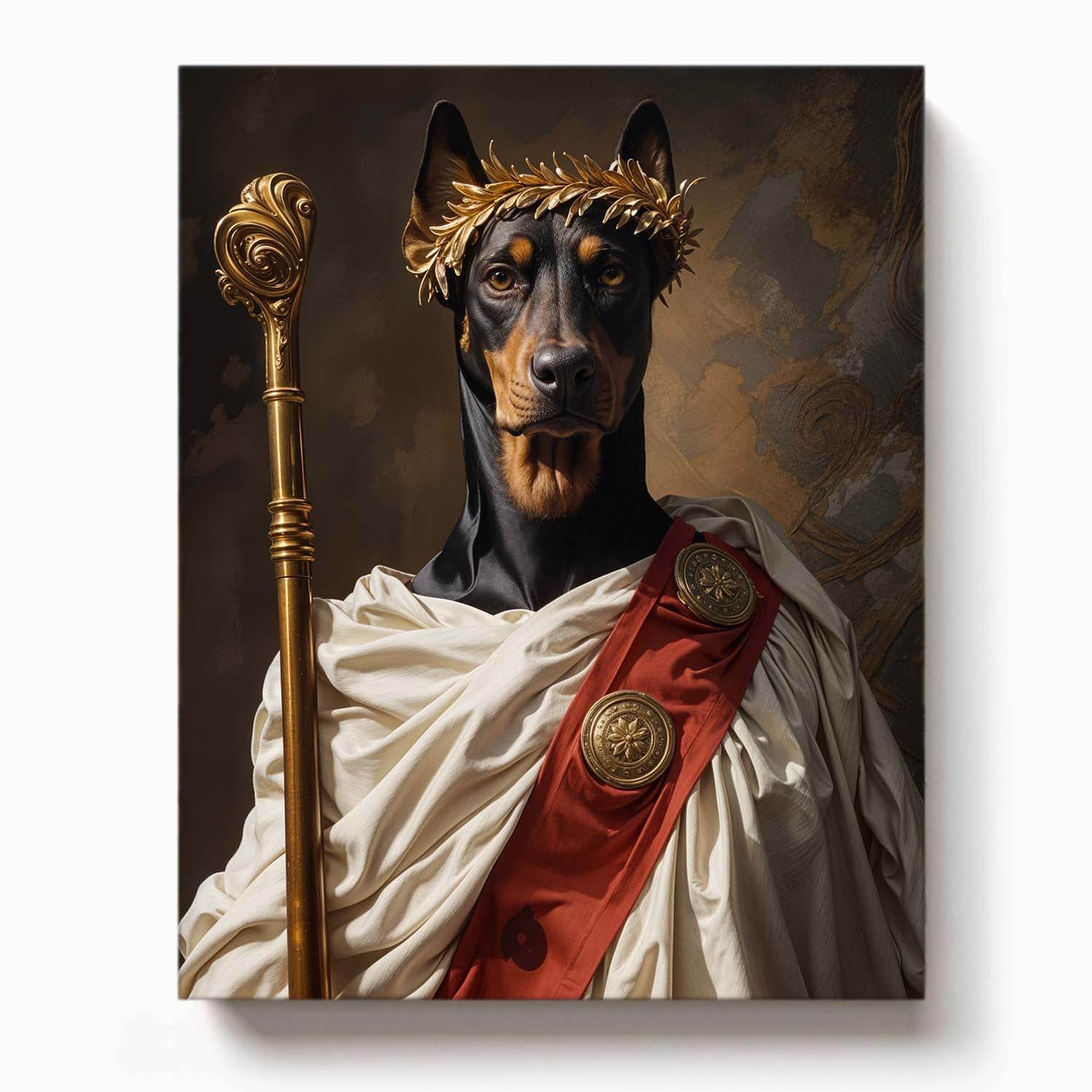 Doberman dressed as a Roman emperor wearing a laurel crown, white toga with red sash and holding a golden scepter

