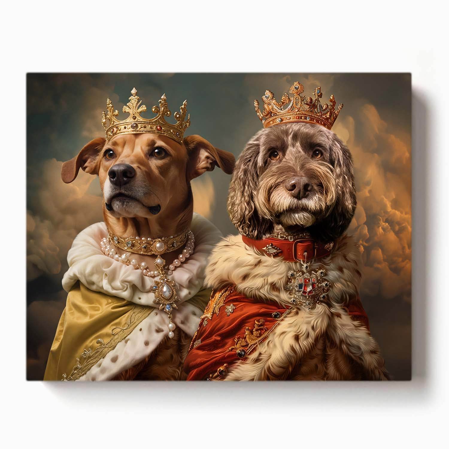 two dogs dressed as king and queen in royal robes and crowns with dramatic sky background

