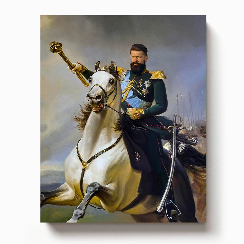 Bearded man in ornate military uniform raising a scepter while riding a white horse on a battlefield

