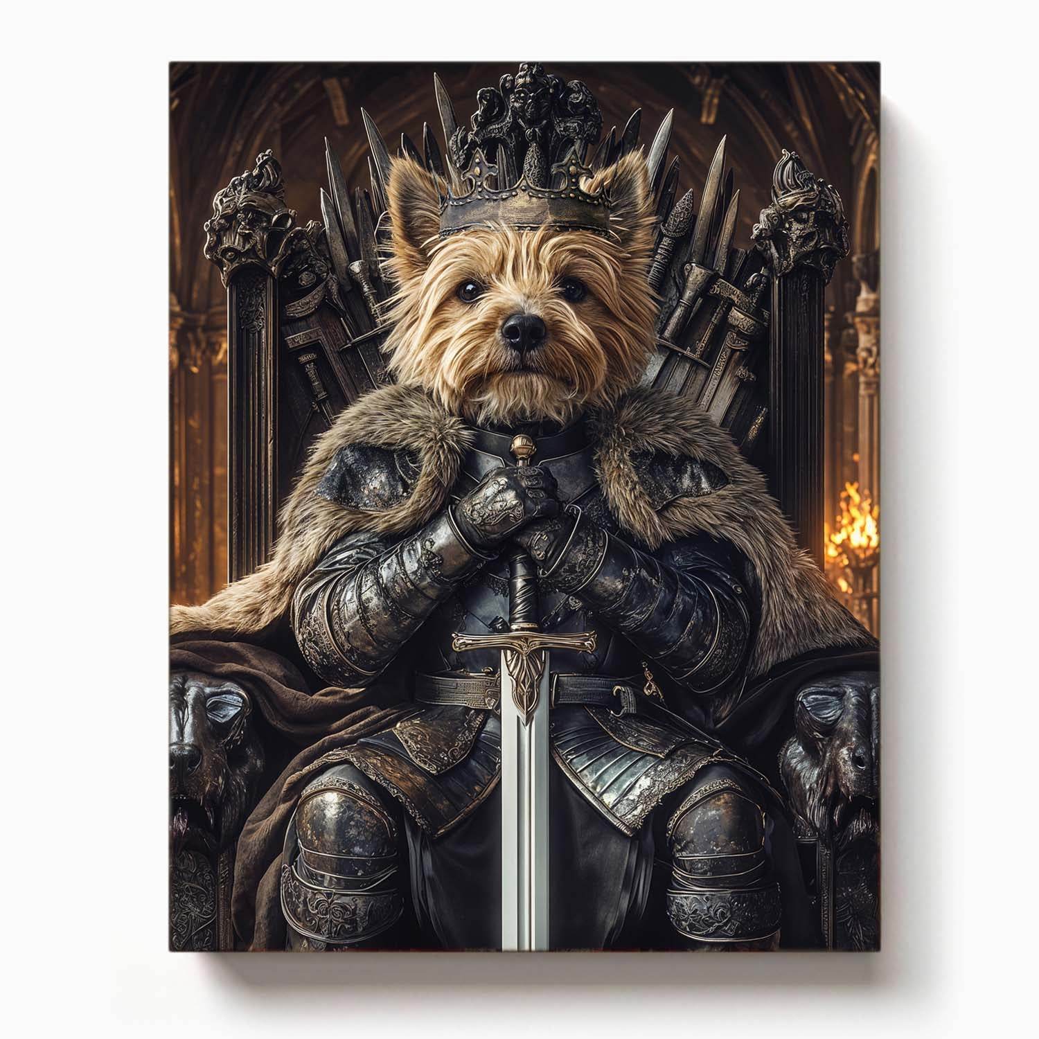 Yorkshire Terrier dressed as a medieval king in full armor, seated on a fantasy iron throne holding a sword

